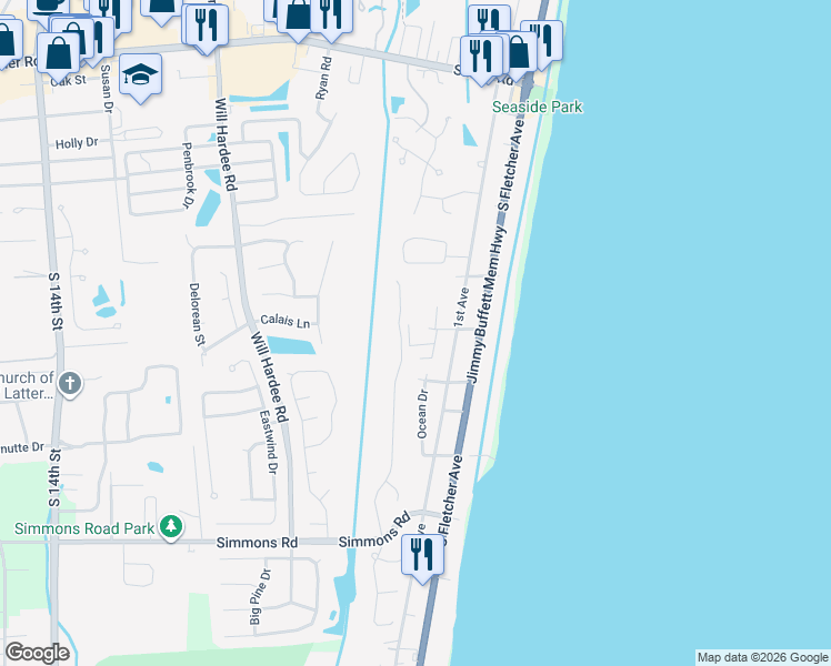 map of restaurants, bars, coffee shops, grocery stores, and more near 101 Mizell Avenue in Fernandina Beach