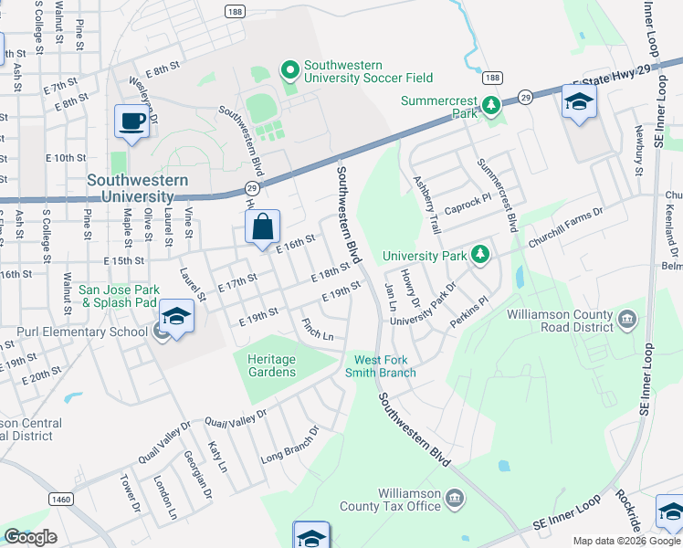 map of restaurants, bars, coffee shops, grocery stores, and more near 2000 East 18th Street in Georgetown