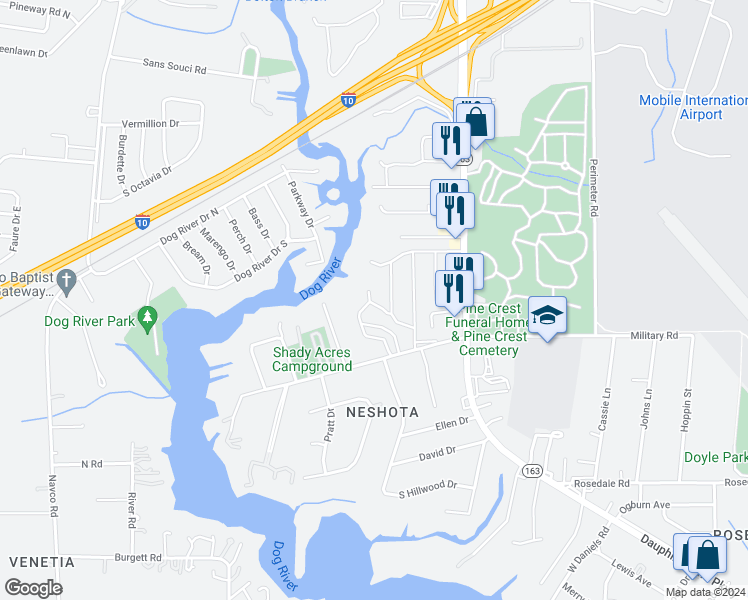 map of restaurants, bars, coffee shops, grocery stores, and more near 2066 Kentwood Lane in Mobile
