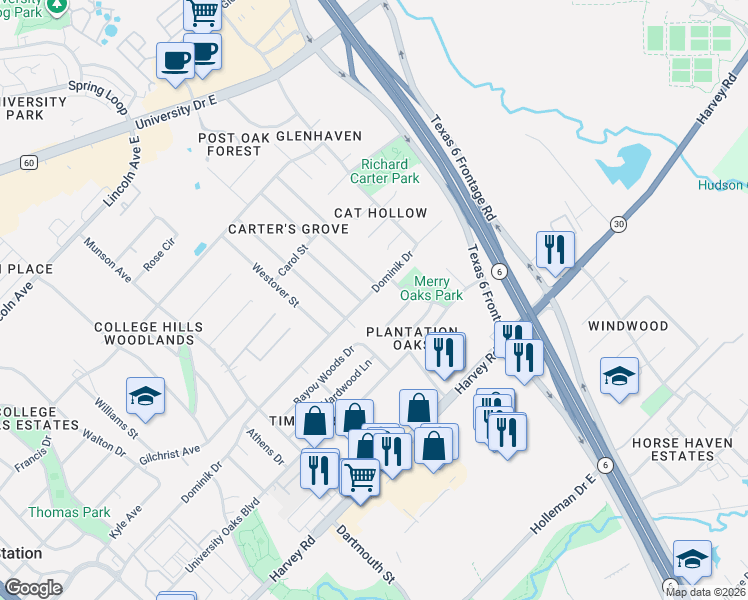 map of restaurants, bars, coffee shops, grocery stores, and more near 1400 Dominik Drive in College Station