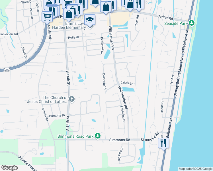 map of restaurants, bars, coffee shops, grocery stores, and more near 1724 Laser Court in Fernandina Beach