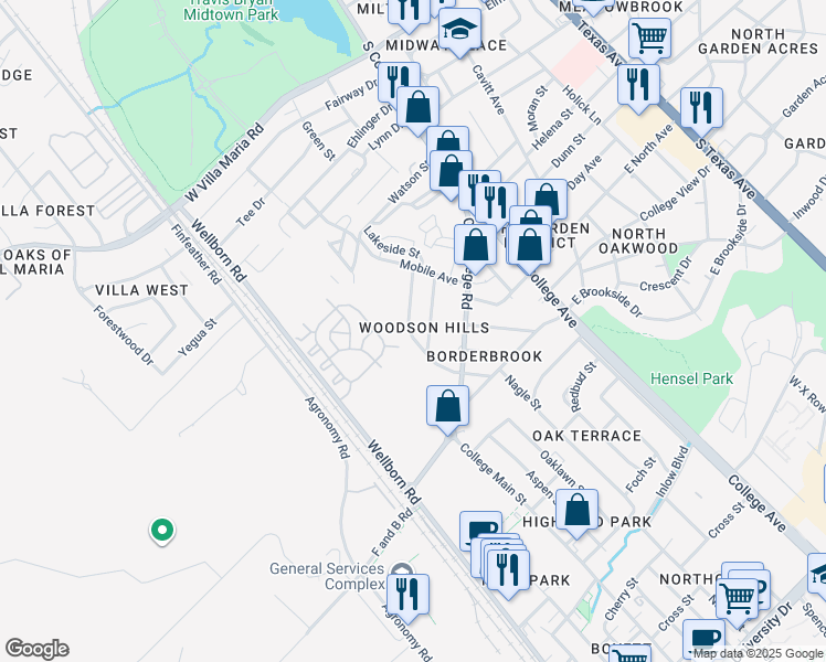map of restaurants, bars, coffee shops, grocery stores, and more near 607 Olive Street in Bryan