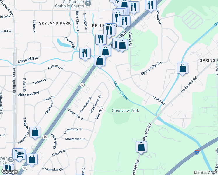 map of restaurants, bars, coffee shops, grocery stores, and more near 1511 Shan Drive East in Mobile