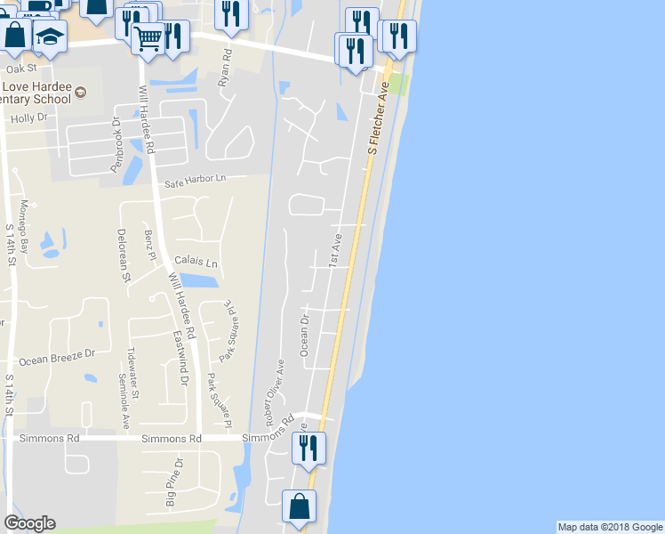 map of restaurants, bars, coffee shops, grocery stores, and more near 2578 1st Avenue in Fernandina Beach