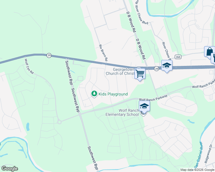 map of restaurants, bars, coffee shops, grocery stores, and more near 453 Wolf Springs Road in Georgetown