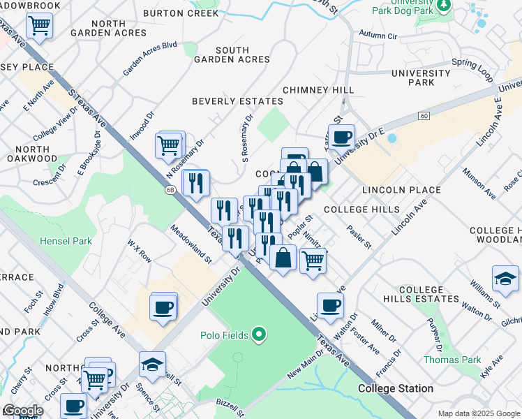 map of restaurants, bars, coffee shops, grocery stores, and more near in College Station