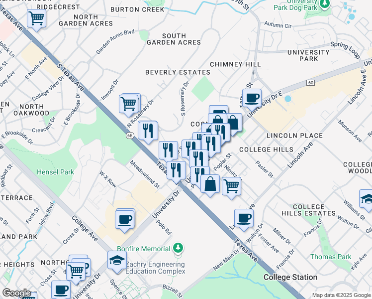 map of restaurants, bars, coffee shops, grocery stores, and more near in College Station