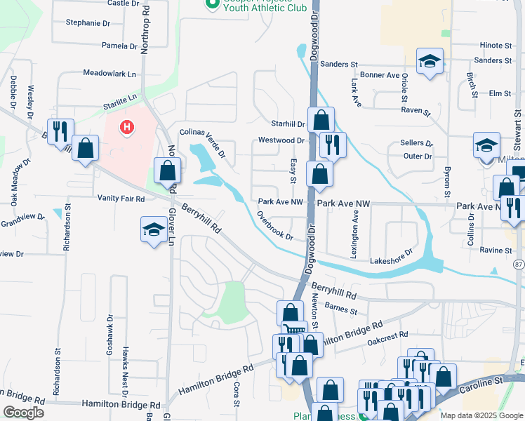 map of restaurants, bars, coffee shops, grocery stores, and more near 5255 Overbrook Drive in Milton