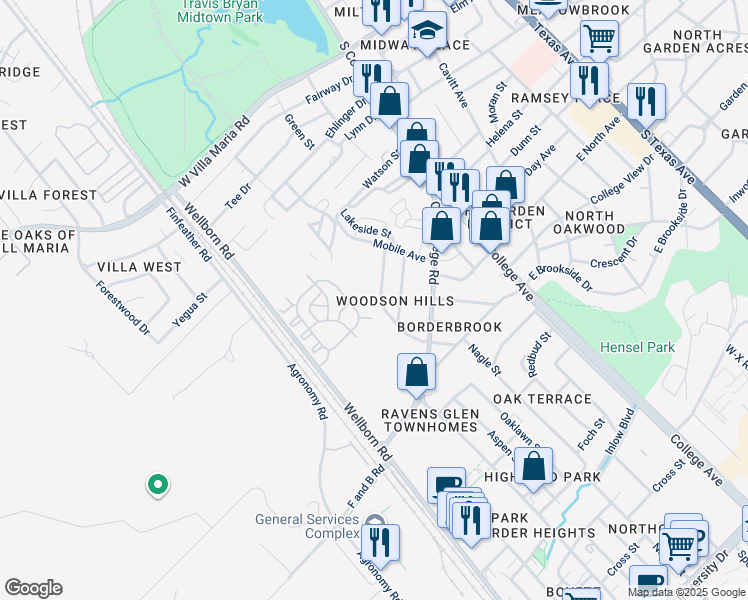 map of restaurants, bars, coffee shops, grocery stores, and more near 607 Olive Street in Bryan