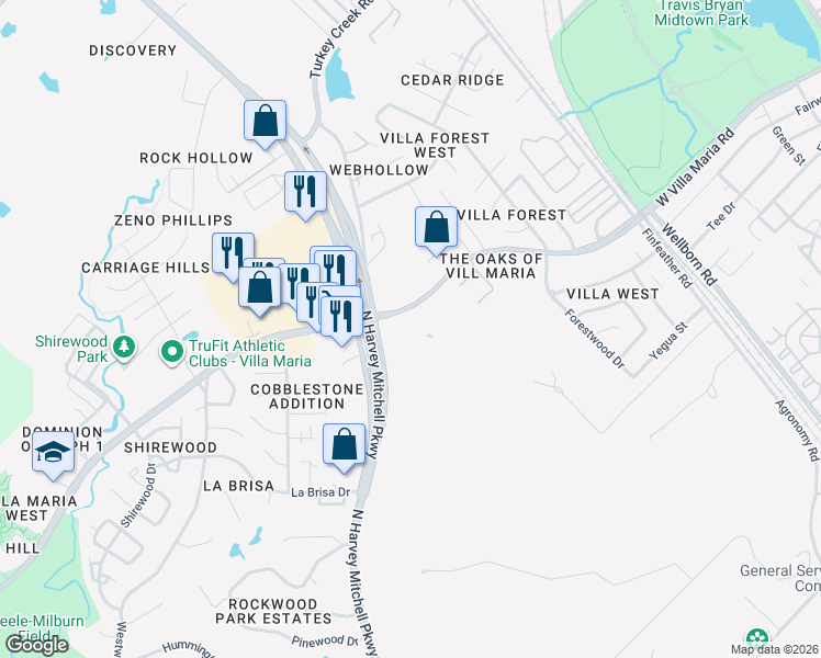 map of restaurants, bars, coffee shops, grocery stores, and more near 1429 West Villa Maria Road in Bryan