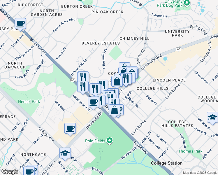 map of restaurants, bars, coffee shops, grocery stores, and more near in College Station