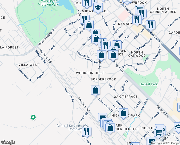 map of restaurants, bars, coffee shops, grocery stores, and more near 3914 Hilltop Drive in Bryan