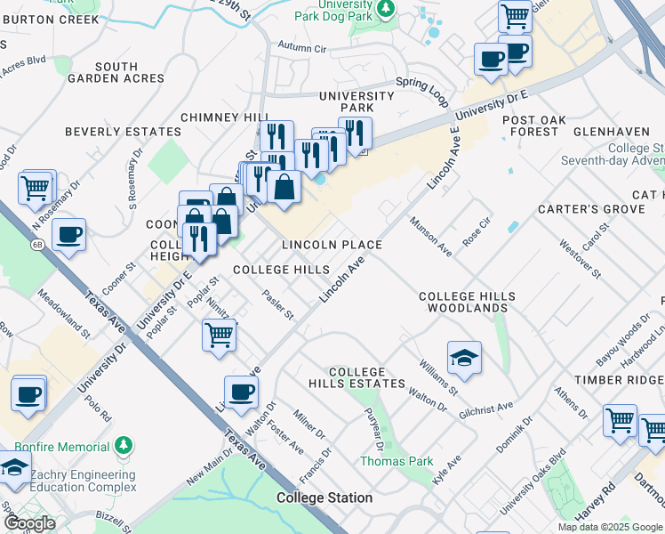 map of restaurants, bars, coffee shops, grocery stores, and more near 821 Avenue B in College Station