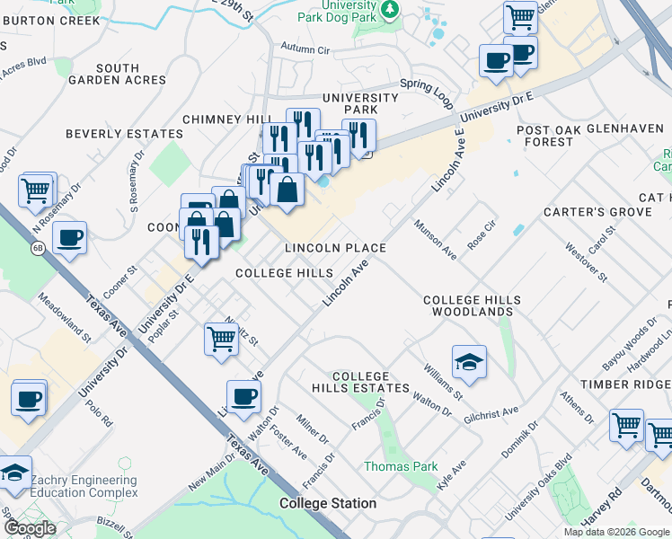 map of restaurants, bars, coffee shops, grocery stores, and more near 704 Vassar Court in College Station