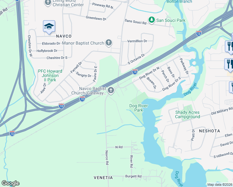 map of restaurants, bars, coffee shops, grocery stores, and more near 1709 Columbus Avenue in Mobile