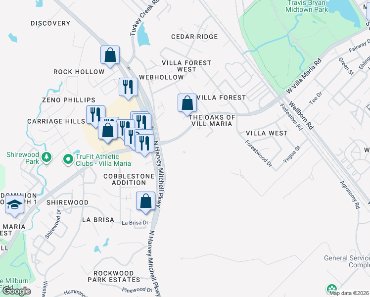 map of restaurants, bars, coffee shops, grocery stores, and more near Unnamed Road in Bryan