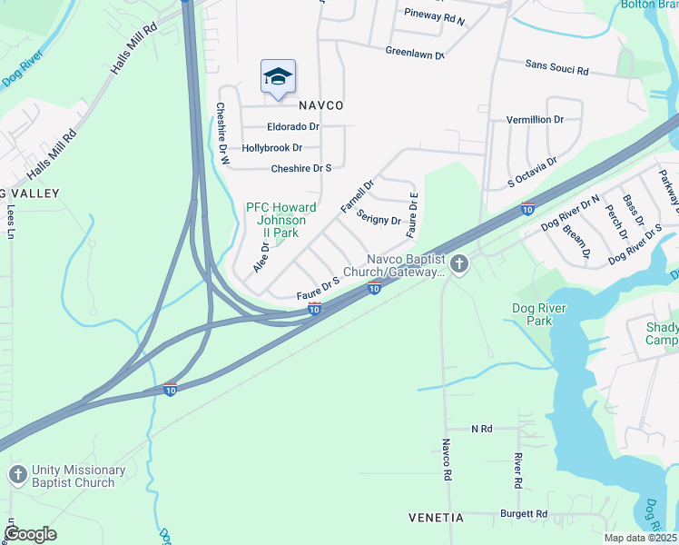 map of restaurants, bars, coffee shops, grocery stores, and more near 2702 Faure Drive South in Mobile