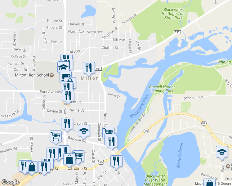 map of restaurants, bars, coffee shops, grocery stores, and more near 6866 Quinn Street in Milton