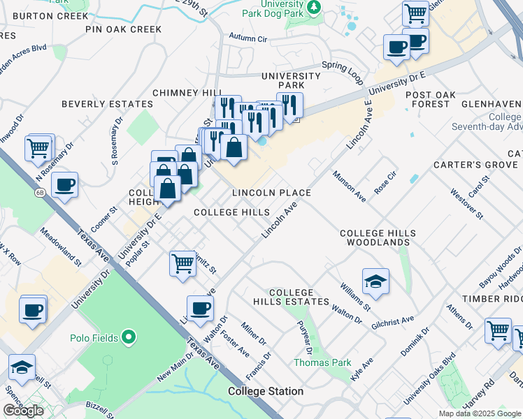 map of restaurants, bars, coffee shops, grocery stores, and more near 821 Avenue B in College Station