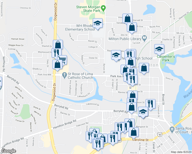 map of restaurants, bars, coffee shops, grocery stores, and more near 6567 Park Avenue in Milton