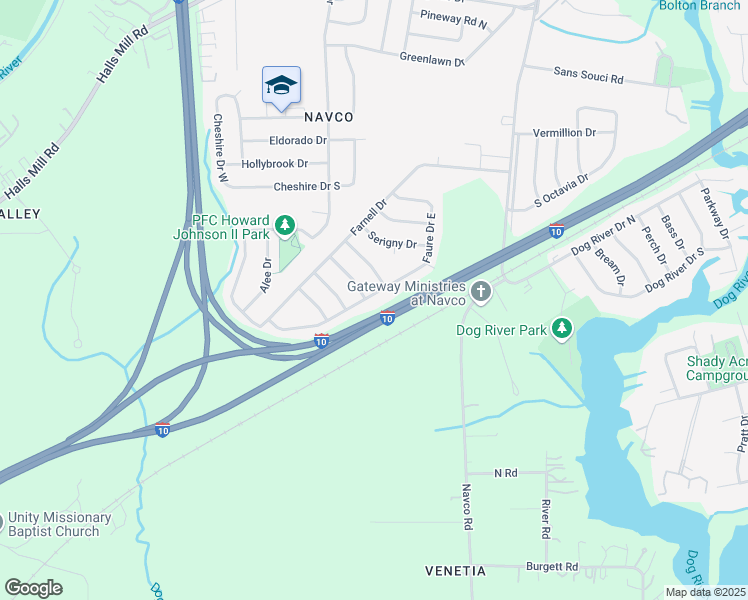 map of restaurants, bars, coffee shops, grocery stores, and more near 2675 Faure Drive South in Mobile