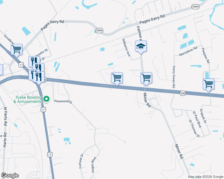 map of restaurants, bars, coffee shops, grocery stores, and more near 86073 Alliance Place in Yulee