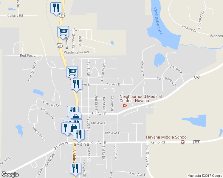 map of restaurants, bars, coffee shops, grocery stores, and more near 707 3rd Street Northeast in Havana