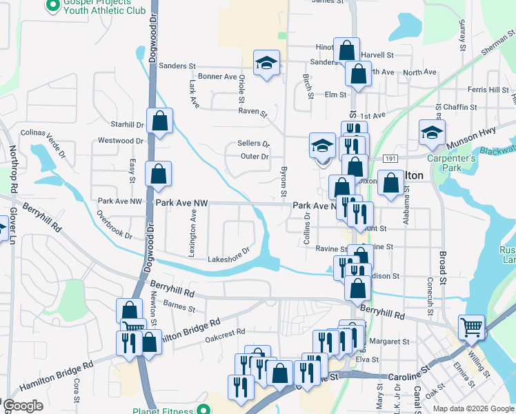 map of restaurants, bars, coffee shops, grocery stores, and more near 6596 Lakeshore Drive in Milton
