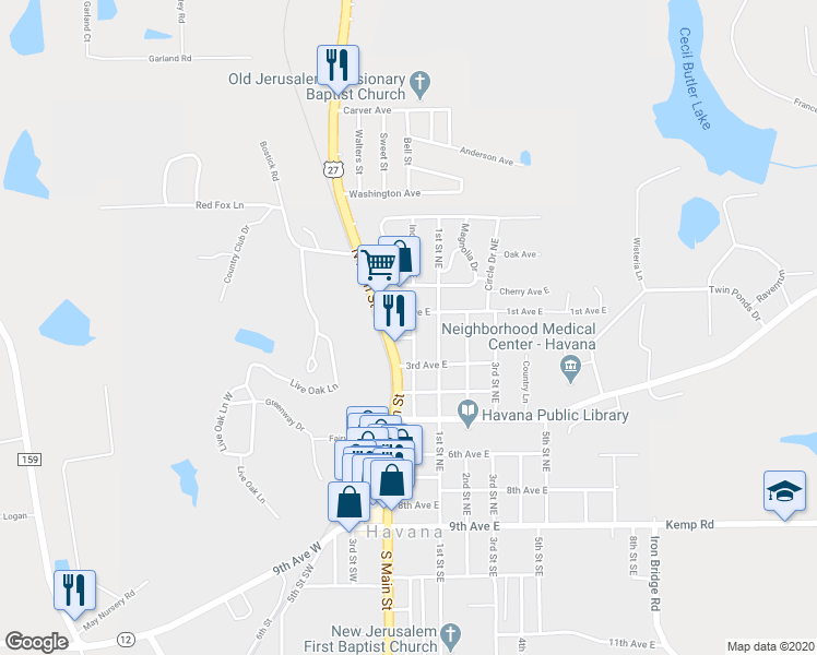 map of restaurants, bars, coffee shops, grocery stores, and more near 711 North Main Street in Havana