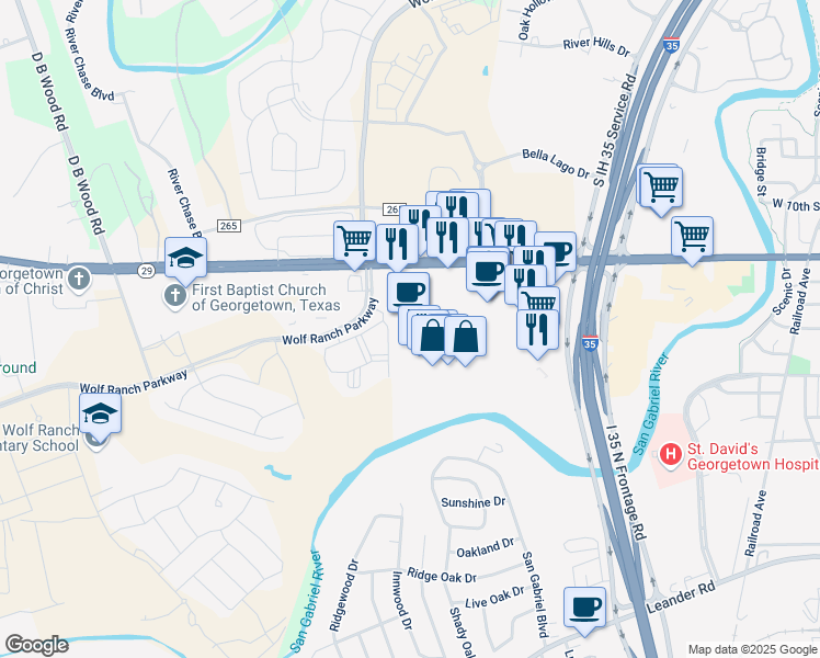 map of restaurants, bars, coffee shops, grocery stores, and more near 1021 West University Avenue in Georgetown