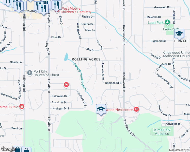 map of restaurants, bars, coffee shops, grocery stores, and more near 2850 Brookside Drive in Mobile