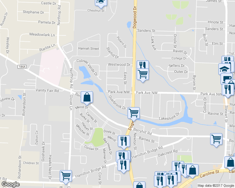 map of restaurants, bars, coffee shops, grocery stores, and more near 6347 Park Avenue in Milton