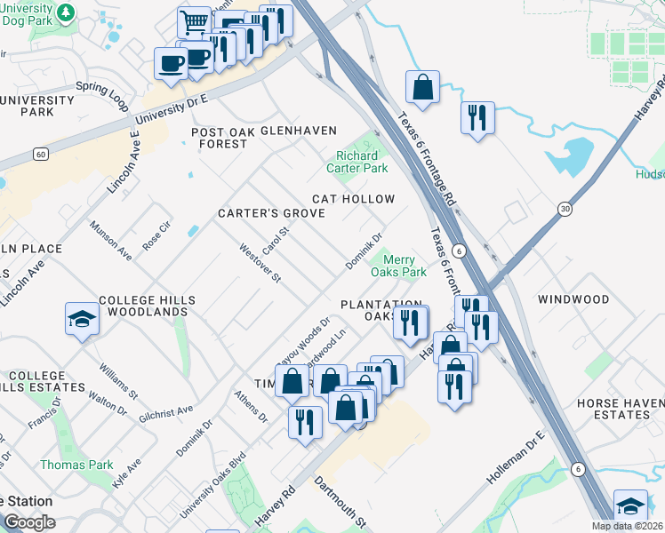 map of restaurants, bars, coffee shops, grocery stores, and more near 1219 Merry Oaks Drive in College Station