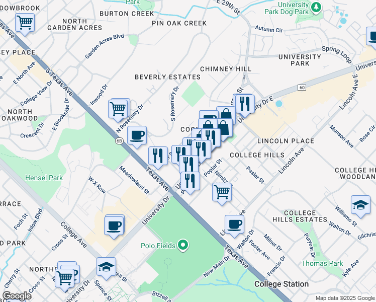 map of restaurants, bars, coffee shops, grocery stores, and more near 402 Macarthur Street in College Station