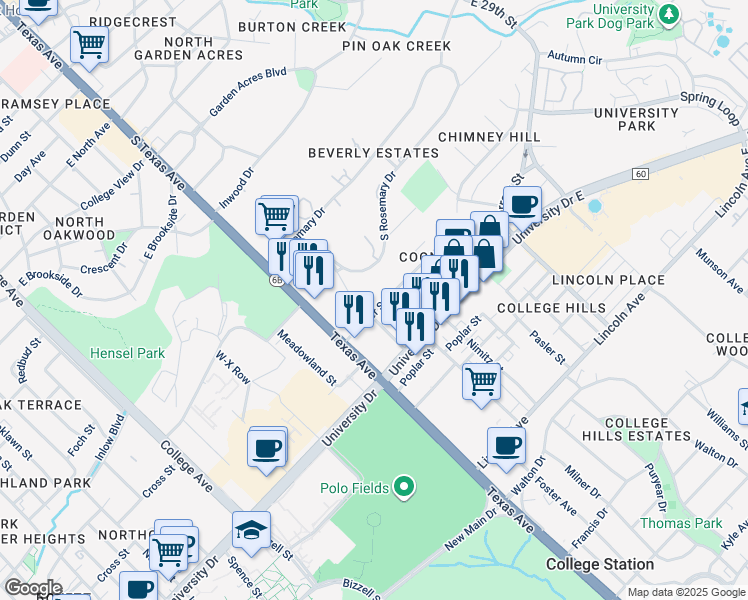 map of restaurants, bars, coffee shops, grocery stores, and more near 307 Cooner Street in College Station