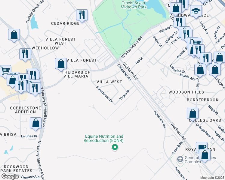 map of restaurants, bars, coffee shops, grocery stores, and more near 3412 Leon Street in Bryan