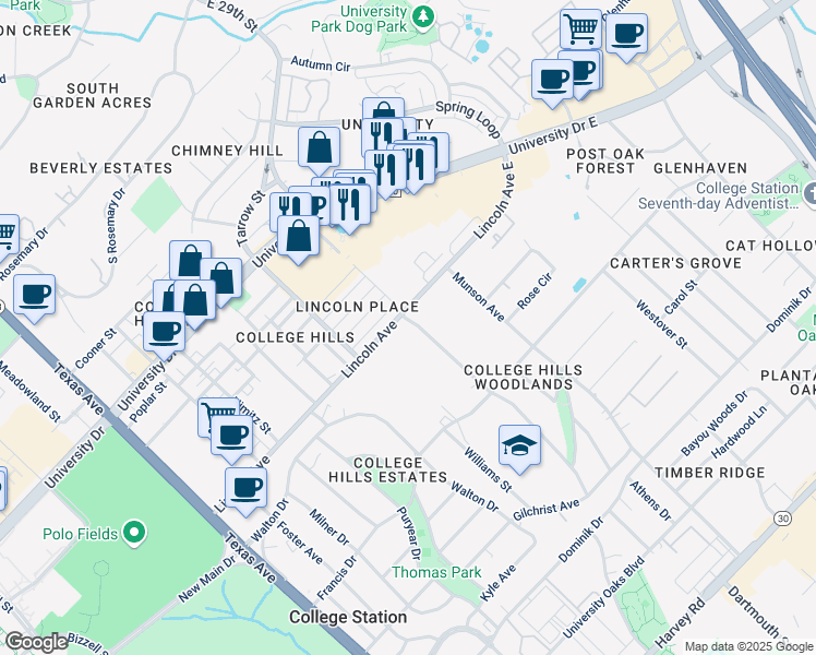 map of restaurants, bars, coffee shops, grocery stores, and more near 900 Ashburn Avenue in College Station