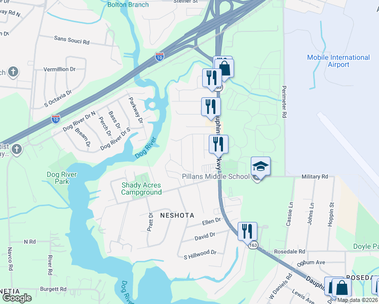 map of restaurants, bars, coffee shops, grocery stores, and more near 1905 Pinecrest Ln in Mobile