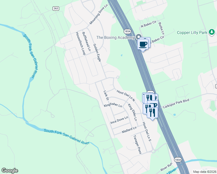 map of restaurants, bars, coffee shops, grocery stores, and more near 305 Hummingbird Lane in Leander