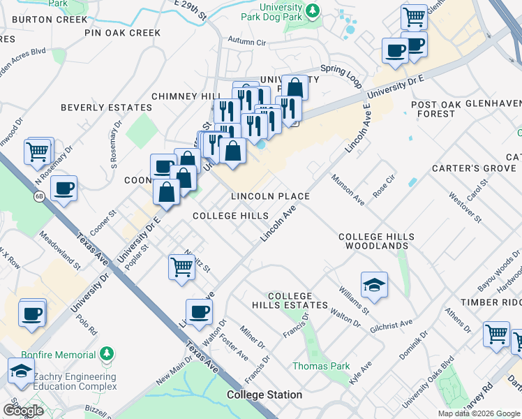 map of restaurants, bars, coffee shops, grocery stores, and more near 703 Vassar Court in College Station