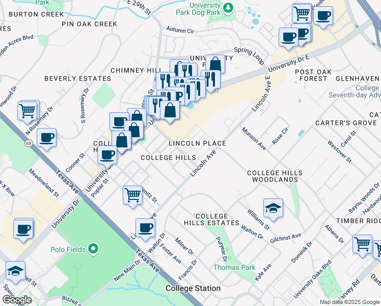 map of restaurants, bars, coffee shops, grocery stores, and more near 708 Wellesley Court in College Station