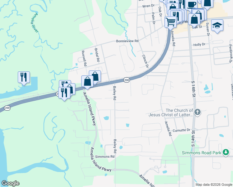 map of restaurants, bars, coffee shops, grocery stores, and more near 2641 Bailey Road in Fernandina Beach