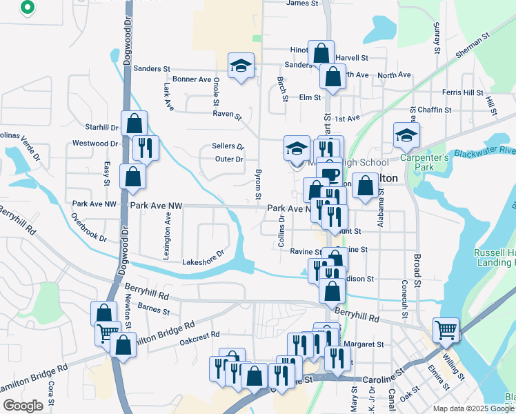 map of restaurants, bars, coffee shops, grocery stores, and more near 6598 Park Avenue in Milton