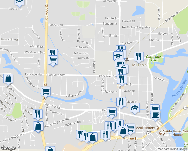 map of restaurants, bars, coffee shops, grocery stores, and more near 6599 Park Avenue in Milton