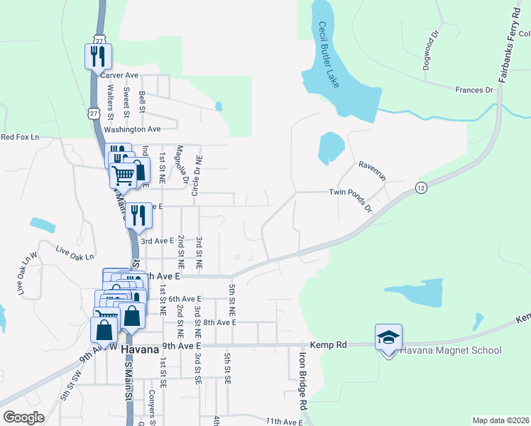 map of restaurants, bars, coffee shops, grocery stores, and more near 11 Twin Ponds Drive in Havana