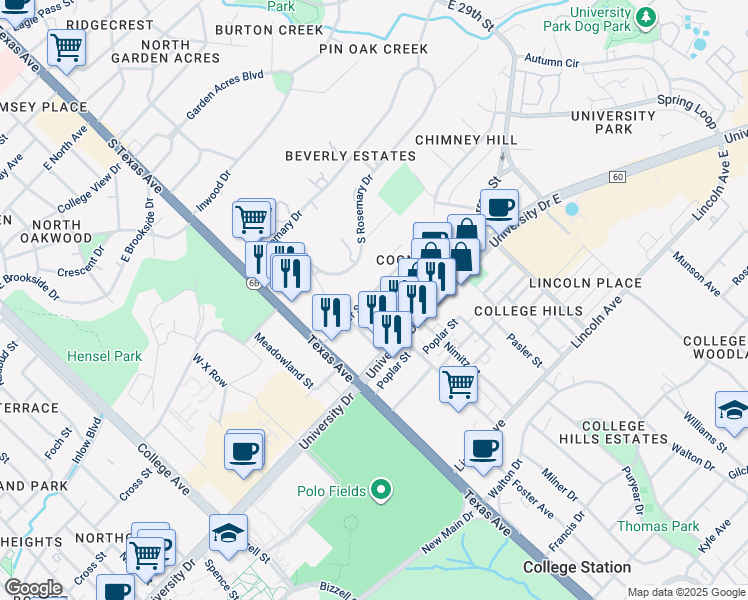 map of restaurants, bars, coffee shops, grocery stores, and more near 307 Cooner Street in College Station