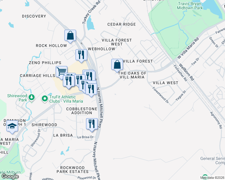 map of restaurants, bars, coffee shops, grocery stores, and more near 1410 West Villa Maria Road in Bryan