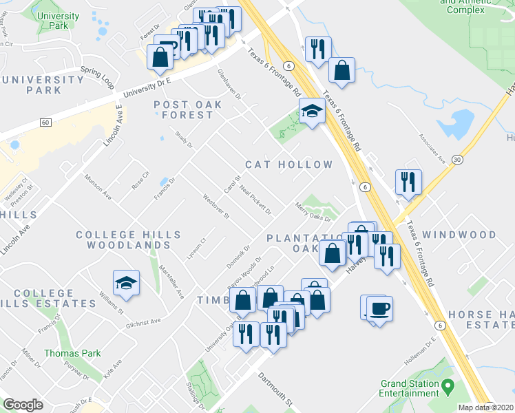 map of restaurants, bars, coffee shops, grocery stores, and more near 1214 Neal Pickett Drive in College Station