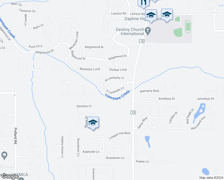 map of restaurants, bars, coffee shops, grocery stores, and more near 8821 South Lamhatty Lane in Daphne