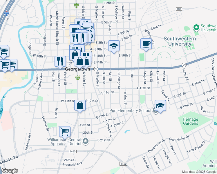 map of restaurants, bars, coffee shops, grocery stores, and more near 1414 Ash Street in Georgetown
